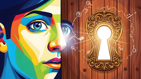 Colorful face with bright eyes peeking through a wooden door keyhole with symbols. Clear details ...