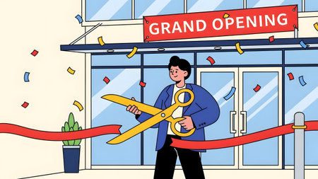 A man in a suit cuts a red ribbon with large scissors at a grand opening event with confetti.