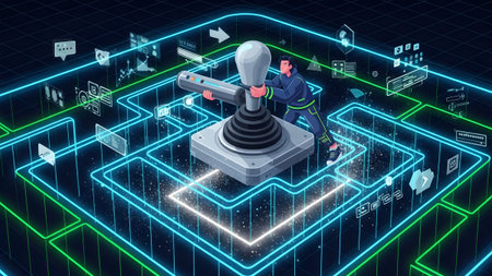 A man uses a joystick to interact with a digital interface in a neon grid. Clear details and vibr...