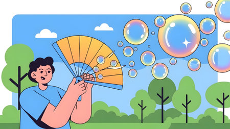 A person fans iridescent bubbles with a yellow fan in a park with trees and blue sky.