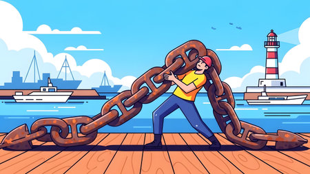 Man in yellow shirt and blue overalls strains to hold a large rusty anchor chain at a port with...