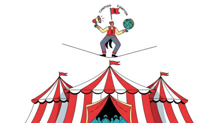 A man on a tightrope holds a megaphone and a globe above a red and white striped circus tent.