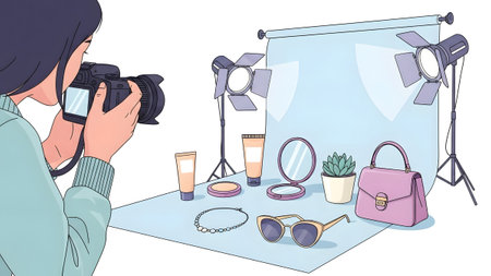 Woman photographer taking pictures of fashion accessories in a studio with lightingの写真素材