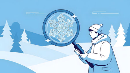 Person in winter coat holds magnifying glass to view snowflake in snowy forest Clear details and ...