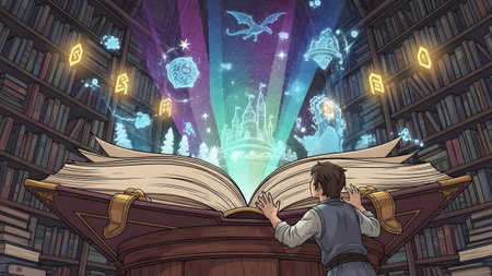 A young man in a tunic looks at a magical open book projecting fantasy scenes in a grand library.