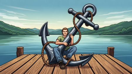 A man sits on a wooden dock, embracing a large metal anchor with a rope. Clear details and vibran...