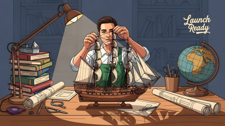 Man in apron intently assembling a wooden model ship with tools and blueprints on a desk.