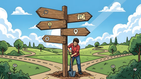 A person digs at the base of a signpost with multiple directional arrows and icons at a fork in...
