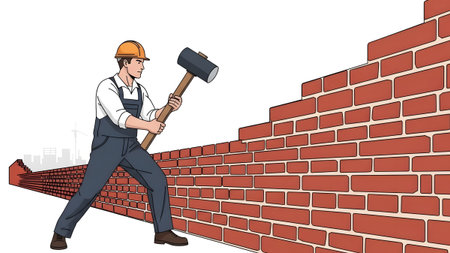 A construction worker in a hardhat and overalls builds a brick wall using a hammer.