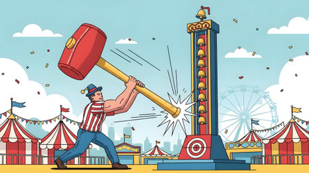A strongman in a striped shirt swings a large mallet at a high striker game at a carnival.