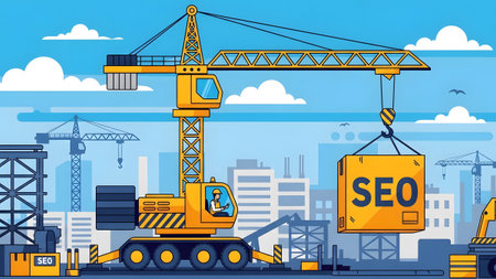A large crane lifts a box labeled SEO at a sprawling construction site with buildings.