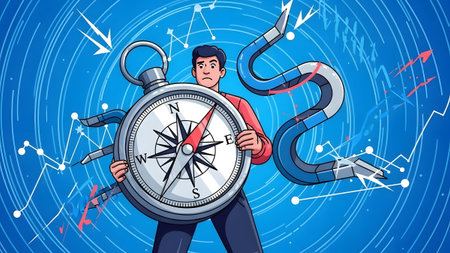 Man holding large compass with bent magnet and abstract data lines on a blue background.