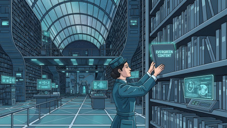 A woman in a futuristic uniform selects a book from a high-tech shelf in a vast, modern library.