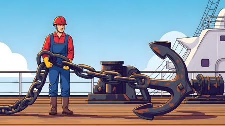 A sailor in overalls and helmet holds a large metal anchor chain on a ship's wooden deck.