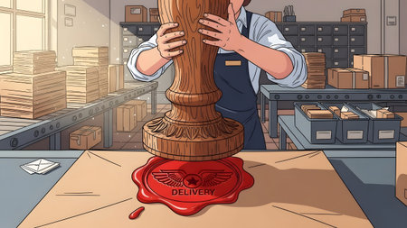 A person uses a large wooden stamp to apply a red wax seal to an envelope. Clear details and vibr...