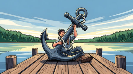 A young man sits on a wooden pier holding a large anchor with a chain. Clear details and vibrant ...