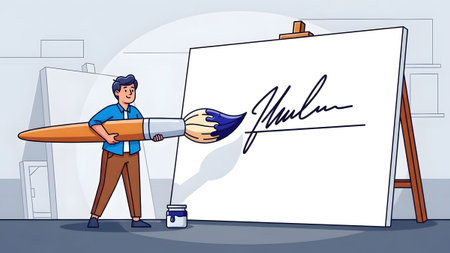 An artist uses a giant paintbrush to paint a signature on a large white canvas in a studio.