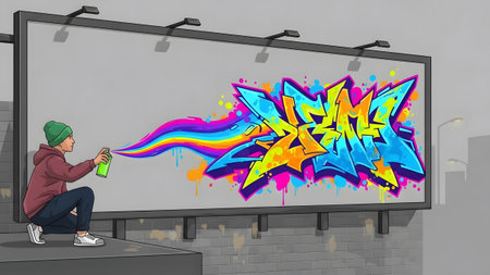 An artist sprays a vibrant rainbow stream of paint onto a billboard creating colorful graffiti art