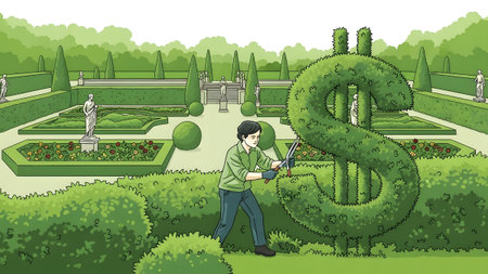 A gardener shapes a dollar sign topiary with scissors in a formal, manicured garden.の写真素材