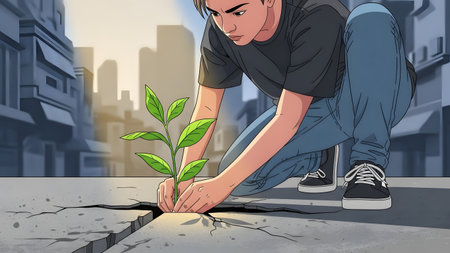 A person plants a green sprout in a crack in the pavement in an urban setting. Clear details and ...の写真素材