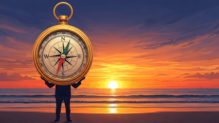 A silhouette holds a golden compass against a vibrant sunset over the ocean horizon.