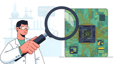 Scientist uses a magnifying glass to closely examine a microchip in a lab. Clear details and vibr...