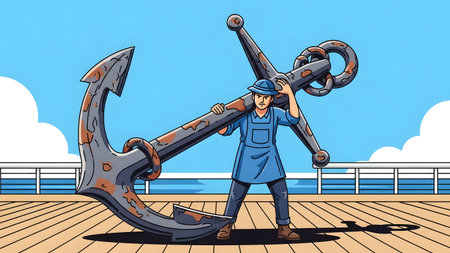A sailor in blue overalls carries a large rusty anchor on a ship's wooden deck. Clear details and...