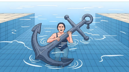 A woman in a swimming pool struggles to lift a large anchor, with water splashing around her.