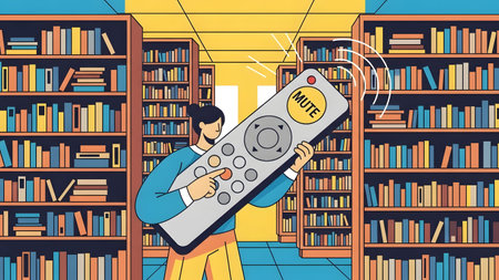 A person holds a remote control with a mute button in a library filled with bookshelves.