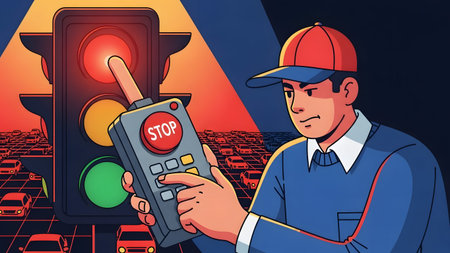 Man in cap and uniform operates traffic light remote control with stop button. Clear details and ...