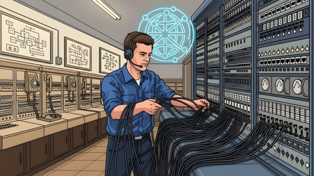 Technician wearing a headset connects cables in a vintage server room with wall schematics.