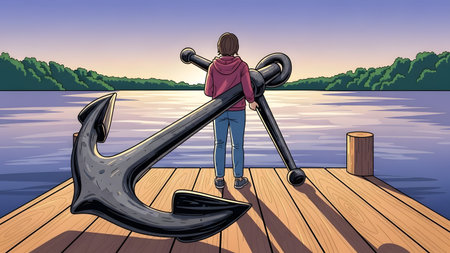 Person on wooden dock with large anchor at sunset overlooking water and trees Clear details and v...