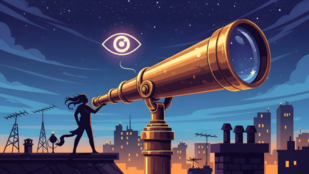Silhouette with giant telescope and eye symbol against starry night city sky Clear details and vi...