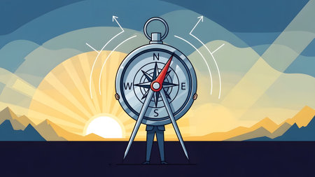 A person with a compass for a head stands against a sunrise, symbolizing direction and opportunity.