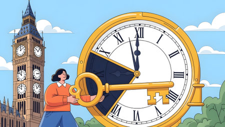 A woman holds a large golden key near the iconic Big Ben clock tower in London. Clear details and...