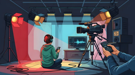 Person with headphones and phone in a film studio with a video camera and lighting.