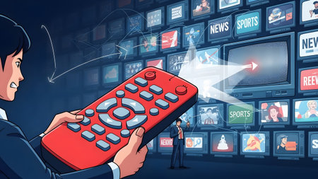 Man holding a remote control looking at many television screens with different content