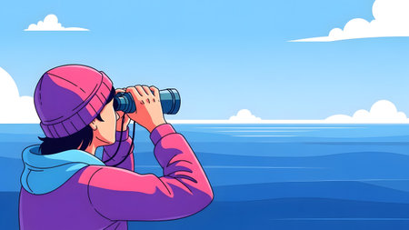 Stock showing person looking through binoculars at the ocean horizon. High resolution image...の写真素材