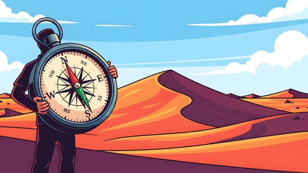 A person holds a large compass in a desert landscape with rolling sand dunes under a cloudy sky.