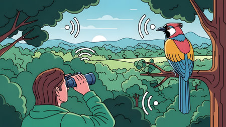 A person uses binoculars to observe a colorful bird in a forest.