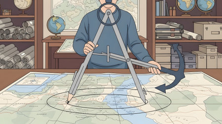 A person uses a divider and an anchor to measure and mark a world map in a room with globes.