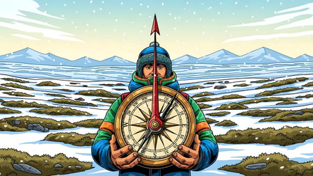 Person holding a compass in a snowy landscape with distant mountains Clear details and vibrant co...