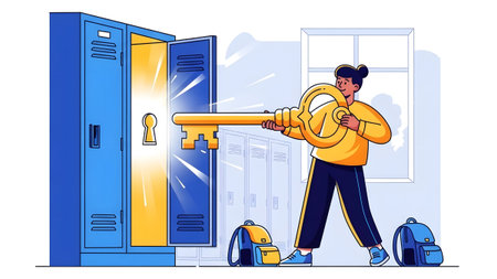 A person holds a large golden key to open a blue school locker, emitting bright light.