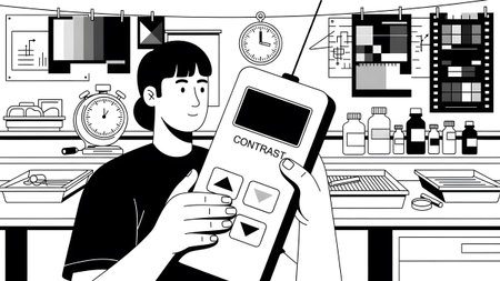 A person holds a contrast control device in a laboratory with photographic equipment.
