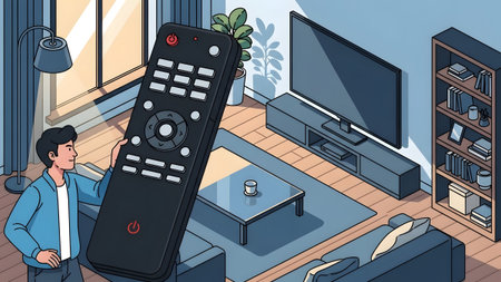 A man holds a large black remote control in a living room with a TV and sofa. Clear details and v...