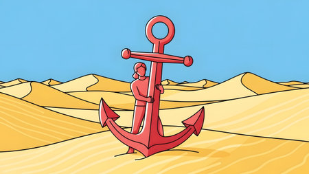 Person hugging a large red anchor stuck in the middle of desert sand dunes. Clear details and vib...