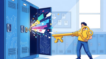 A person uses a large golden key to unlock a school locker, releasing colorful ideas.