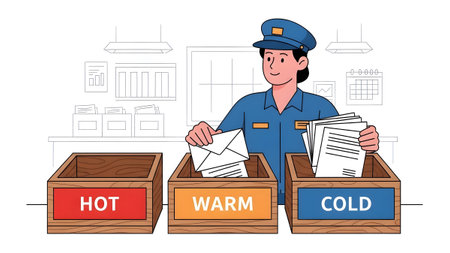 Postman sorting letters and envelopes into three wooden bins labeled hot warm and cold.