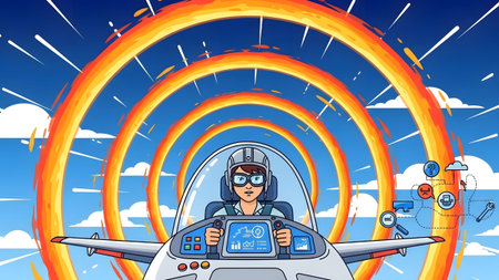 Showing pilot in futuristic aircraft flying through fiery rings