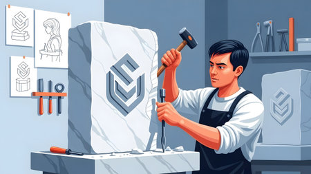 A man carves a logo into a large stone block with a hammer and chisel in a studio. Clear details ...